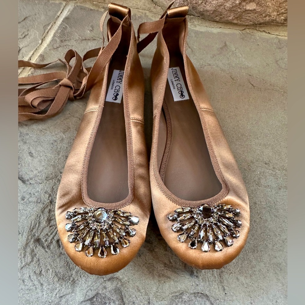 Jimmy Choo Rose Gold Satin Embellished Ballet Flats